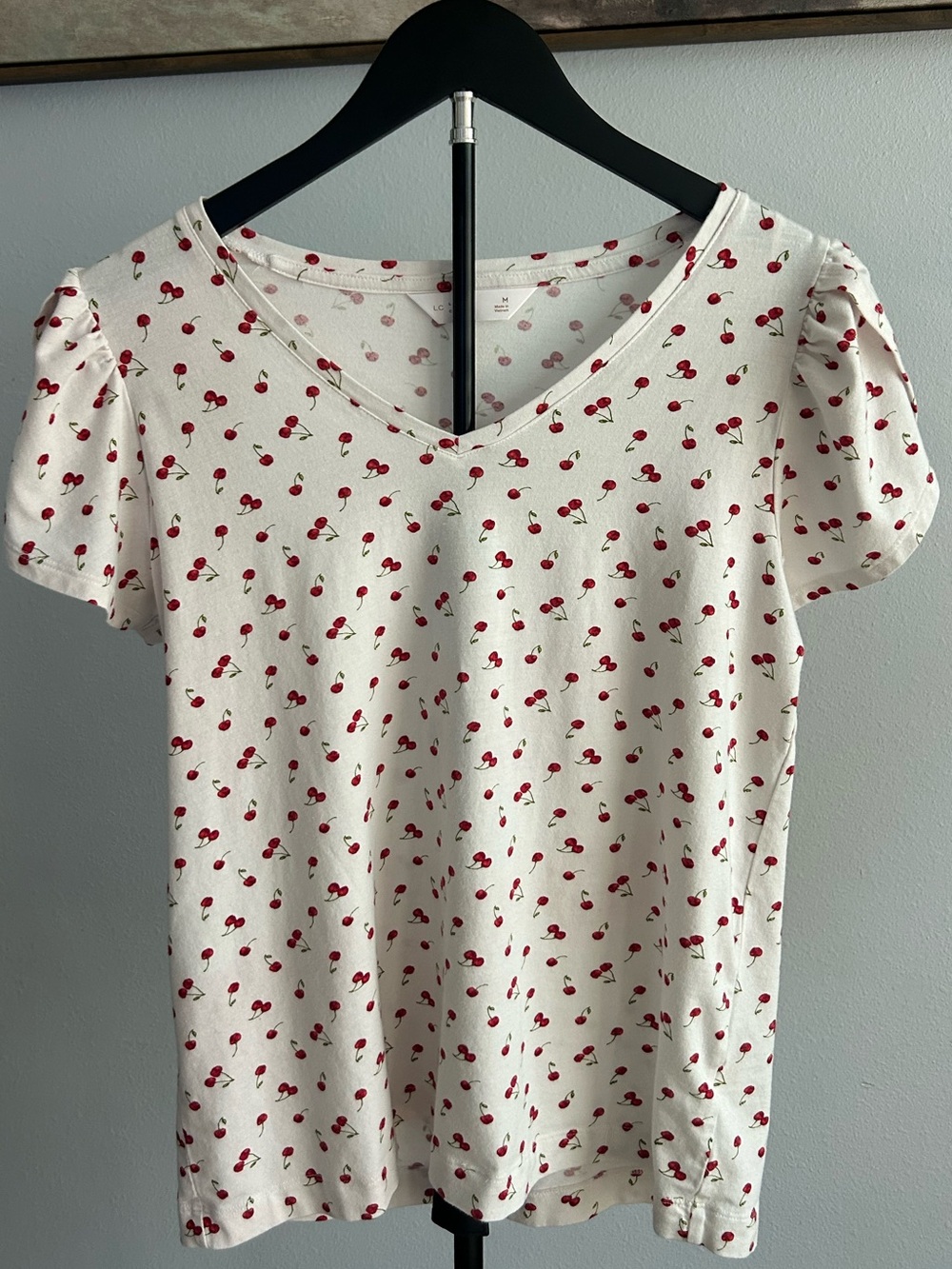 LC Lauren Conrad White V-Neck Tee with Red Cherry Print
